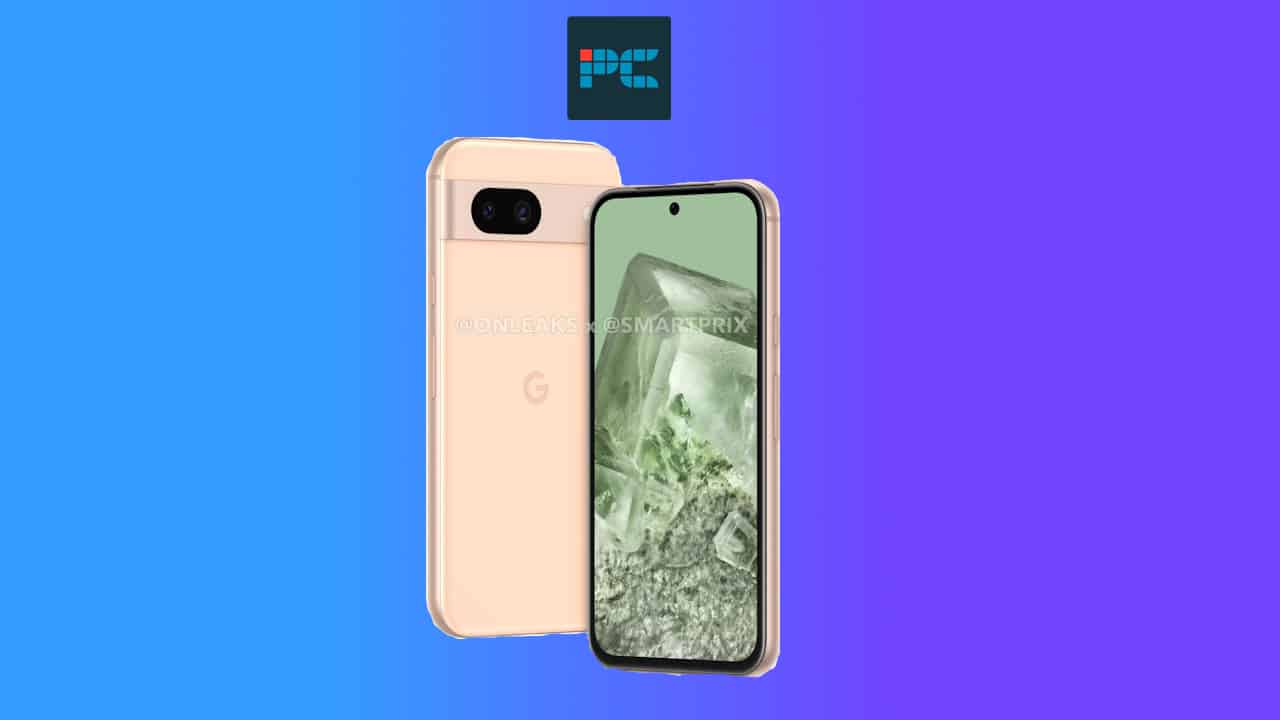 A Google Pixel 8a leak reveals a smartphone with a peach-colored back case, a dual camera setup, alongside a front view displaying its screen and wallpaper of mountains.