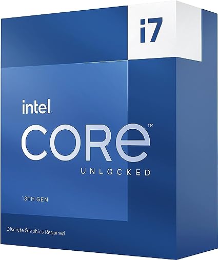 Blue and white box of an Intel Core i7-13700KF 13th gen unlocked CPU, labeled "discrete graphics required.