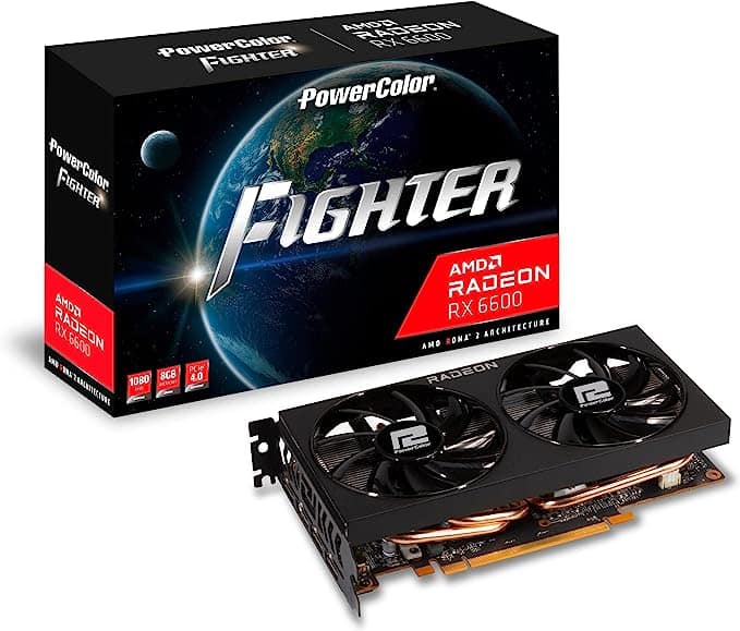 PowerColor Fighter AMD Radeon RX 6600 8GB graphics card with its packaging.