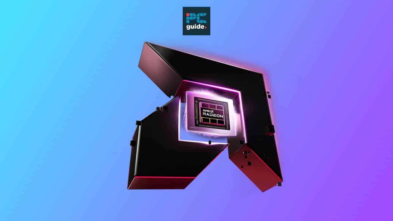 A stylized RDNA 3+ AMD Radeon graphics card against a gradient blue and purple background.