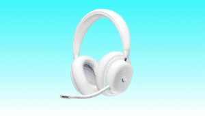Logitech G735 white over-ear wireless gaming headset with a built-in microphone on a light blue background.