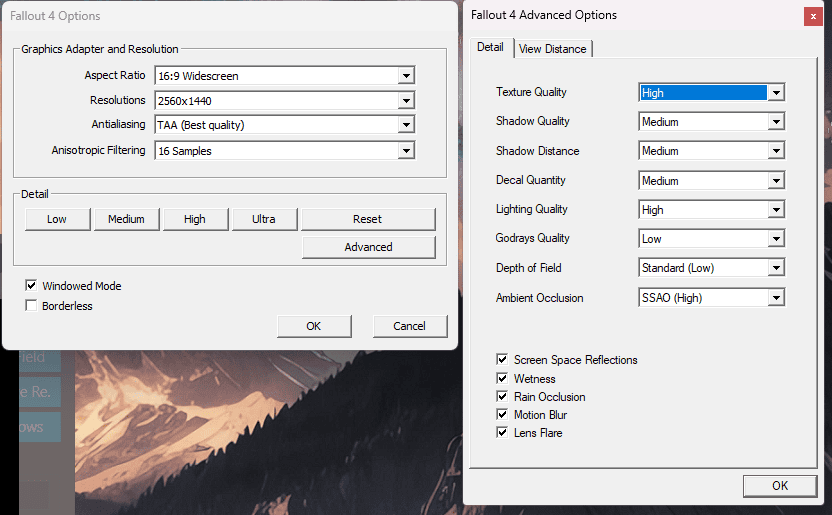 Screenshot of Fallout 4 optimization settings menu with options for resolution, anti-aliasing, anisotropic filtering, and detail levels visible on two overlapping windows.