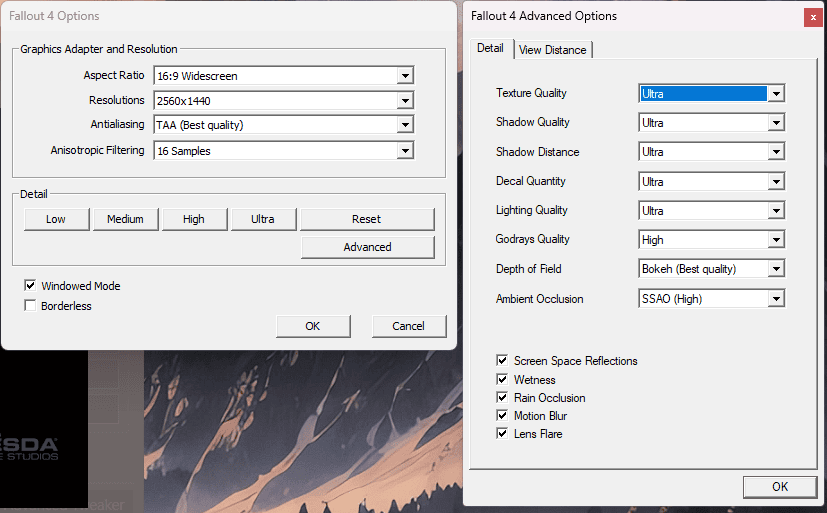 Image displays two screenshots of Fallout 4 settings. The left image shows basic graphic options, and the right image details advanced graphic settings with ultra and high configurations.