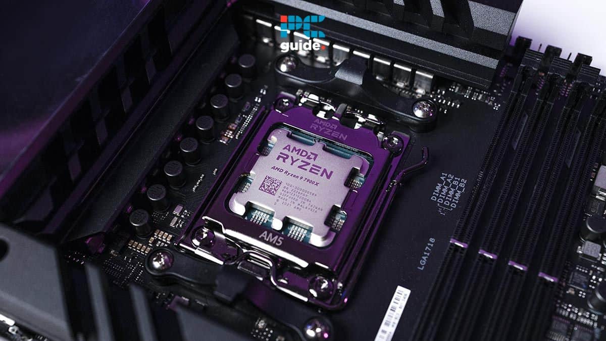 An AMD Ryzen CPU installed on a motherboard, demonstrating how to make Spotify use less CPU, and highlighting the processor's purple retention bracket and surrounding components. Image taken by PCWer.com