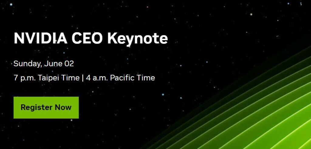 Promotional image for Nvidia CEO keynote speech event, featuring event details, date, times across time zones, and a registration button against a green and black starry background.