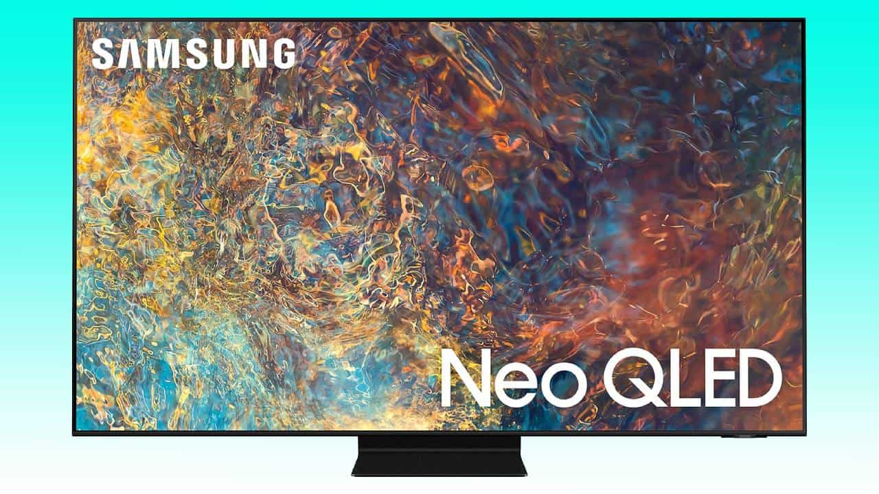A Samsung 85-inch Neo QLED television displaying a vibrant, abstract multicolored image.