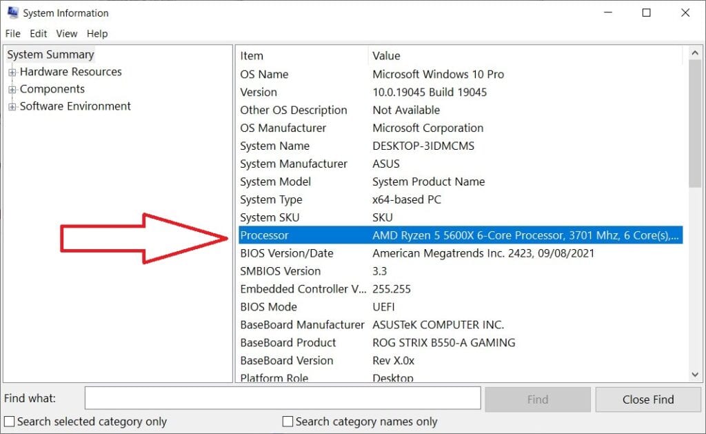 Screenshot of windows system information highlighting the CPU cores, which include an AMD Ryzen 5 5600X 6-core processor.