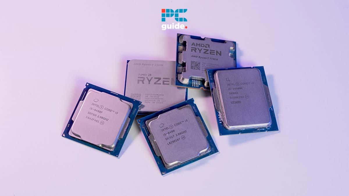 Three amd ryzen computer processors and a PCWer promotional card on a purple surface discussing signs CPU dead. Image taken by PCWer.com