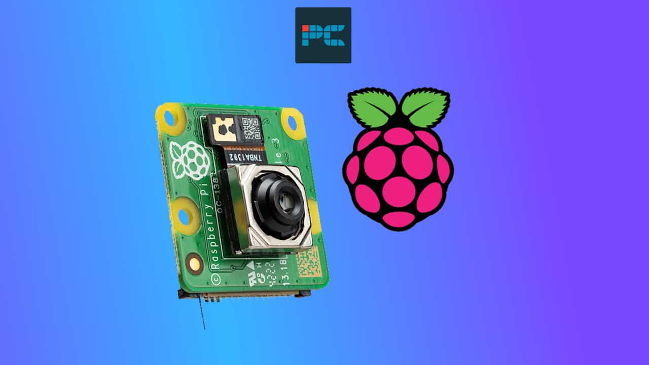 Raspberry Pi AI camera module set against a blue and purple gradient background with raspberry pi logo.