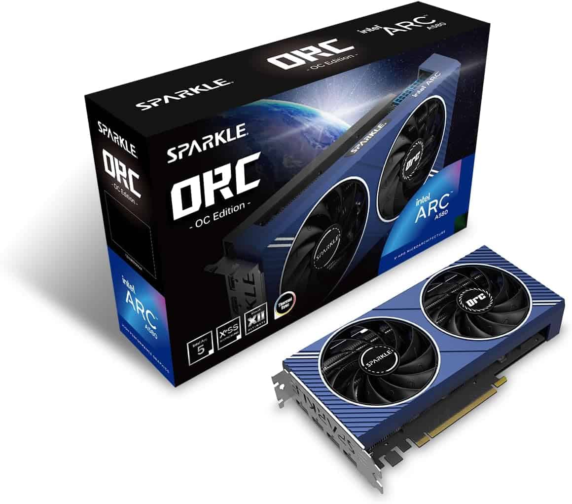 Image of Sparkle Intel Arc A750 graphics card and its packaging. The card features a dual-fan cooling system and is labeled "OC Edition." The box, possibly auto draft designed, showcases the card against a space-themed background.
