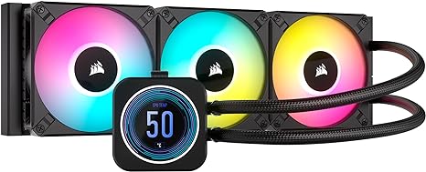 A Corsair H150i ELITE LCD XT computer liquid cooling system with a digital display and three fans illuminated by multicolored LED lights.