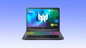 A gaming laptop displaying a colorful backlit keyboard and a screen showing Windows 11. The screen also features logos for 144Hz refresh rate, Intel Core i7, and Nvidia GeForce RTX. Don't miss this incredible gaming laptop deal!