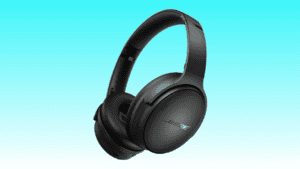 Black Bose QuietComfort over-ear headphones against a blue gradient background.