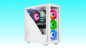 White Thermaltake Gaming PC tower with a glass side panel displaying internal components, including RGB fans and a GeForce RTX graphics card, against a blue gradient background. Don't miss the Memorial Day deal for a significant price chop!