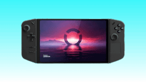 A handheld gaming device with a large screen displaying a sunset over water and a circular logo in the center, with control buttons on both sides, part of the exclusive Memorial Day deal from Lenovo Legion Go.