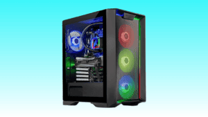 A Skytech Nebula RTX 4060 Ti gaming PC with a transparent side panel, showcasing internal components and multicolored LED fans, on a teal background.