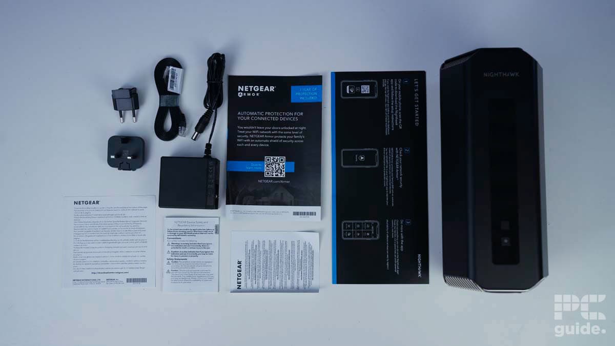 Netgear Nighthawk RS700 WiFi 7 Router (BE19000) box contents, source PCWer