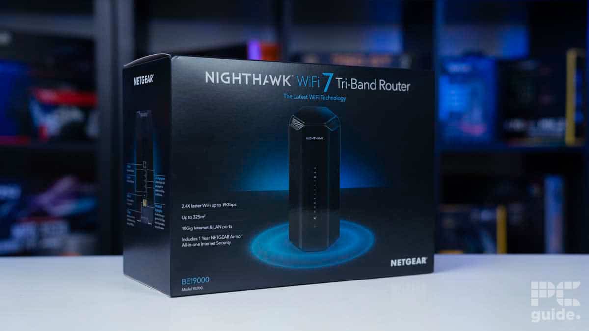 Netgear Nighthawk RS700 WiFi 7 Router (BE19000) box profile, source PCWer