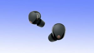 Two black wireless earbuds with a glossy finish and the Sony logo, set against a blue gradient background. Don't miss this unbeatable earbuds deal!