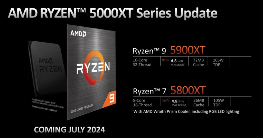 The AMD Ryzen 5000XT series update reveals the impressive specifications of the Ryzen 9 5900XT and Ryzen 7 5800XT processors, with a product box displayed on the left and an availability date set for July 2024. Keep an eye out for these powerful AMD CPUs!