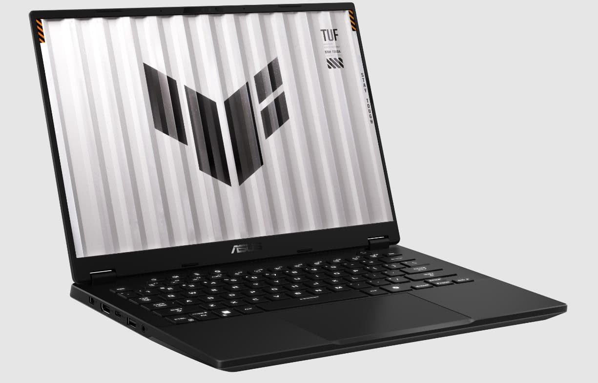 A black laptop with the screen displaying a geometric logo and the word 
