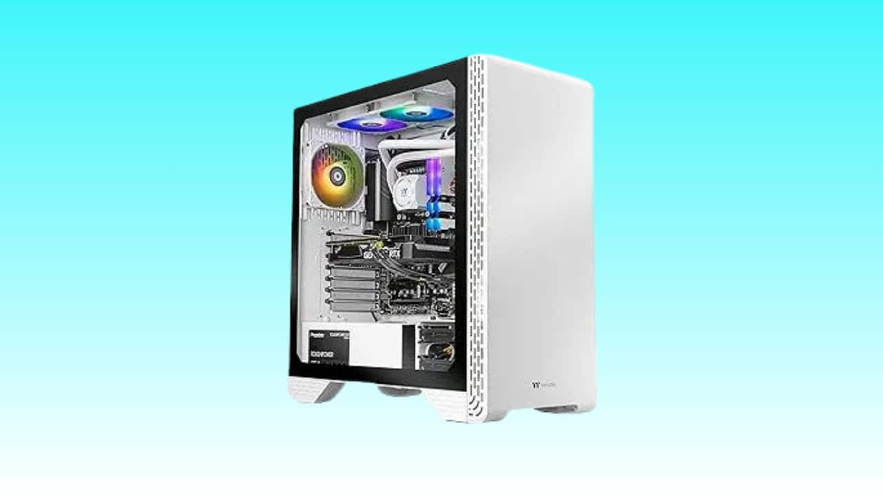 A white gaming desktop tower, the Thermaltake LCGS Glacier i460, with a transparent side panel revealing internal components like LED-lit cooling fans and a multi-colored LED strip, set against a blue gradient background. Now available as an exciting Amazon deal.