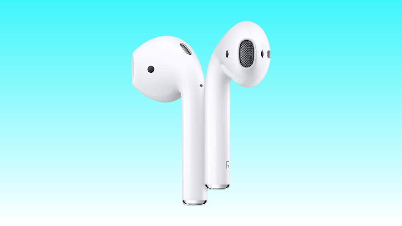Two white Apple AirPods against a gradient blue background.