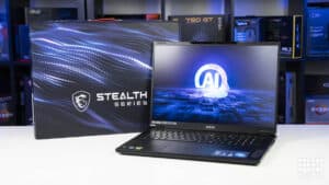 MSI Stealth 18 AI Studio A1V laptop in front of box, Image by PCWer