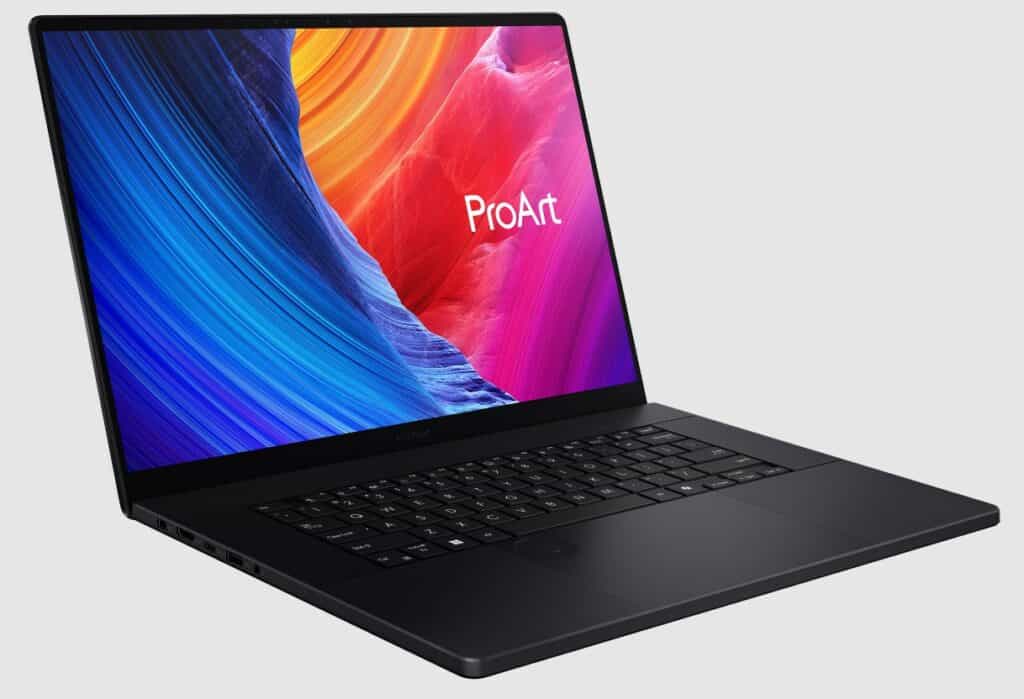 A sleek black laptop with a colorful display showing "ProArt" on the screen, featuring a keyboard and a touchpad, unveiled by Asus at Computex.
