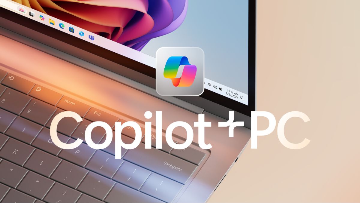 Copilot+ PC promotional graphic with laptop
