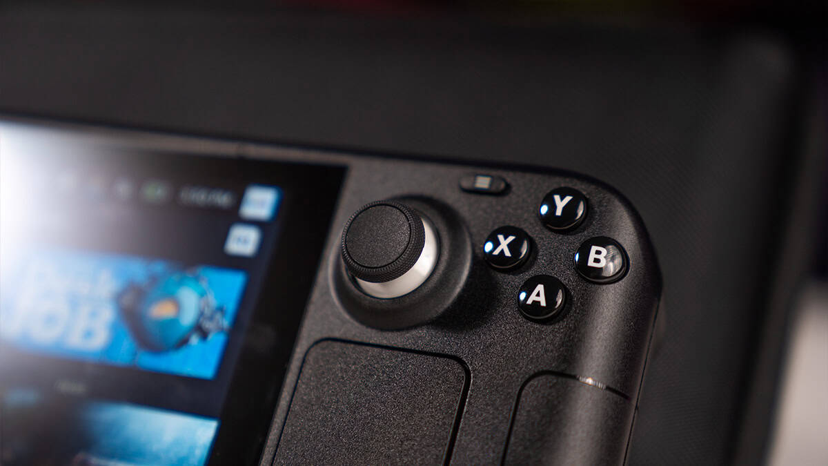 A close up picture of the Steam Back showing its analog stick and buttons